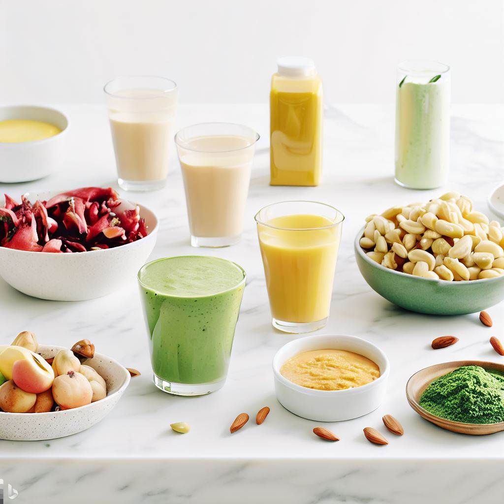 clean picture of superfood snacks, drinks and sauces